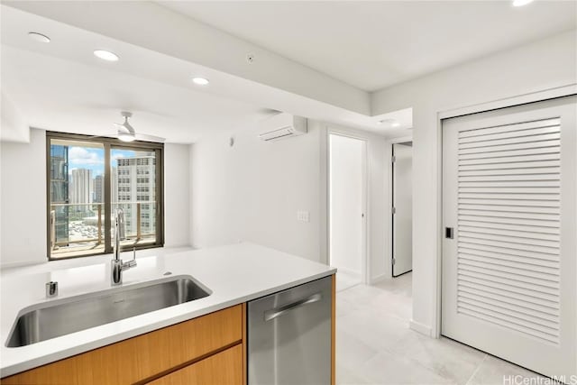 kitchen with dishwasher, a wall mounted air conditioner, light countertops, a sink, and recessed lighting