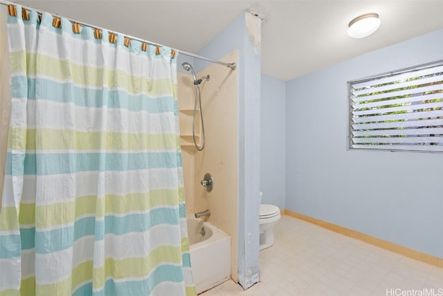 full bath with toilet, baseboards, shower / bath combination with curtain, and tile patterned floors