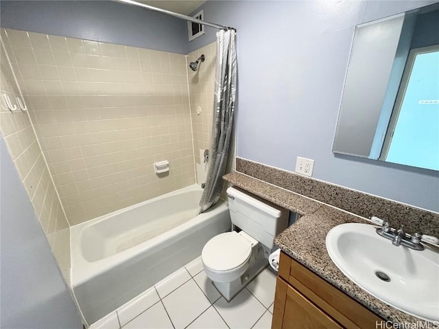 full bath featuring shower / tub combo, vanity, toilet, and tile patterned floors