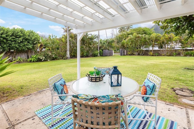 view of patio with a pergola, outdoor dining space, and a fenced backyard
