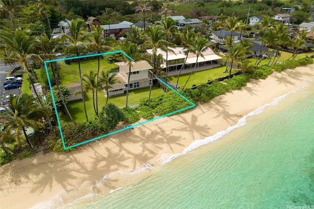 bird's eye view with a beach view and a water view