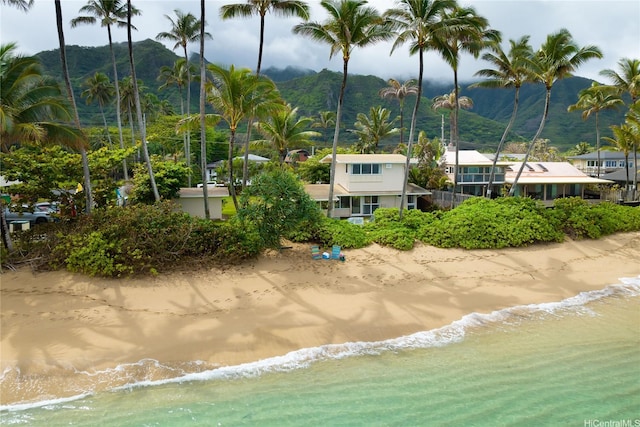 bird's eye view with a water and mountain view