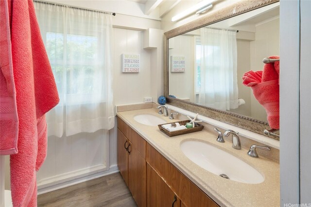full bath featuring wood finished floors, double vanity, and a sink