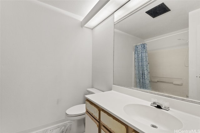 full bathroom featuring toilet, vanity, baseboards, marble finish floor, and a shower with curtain