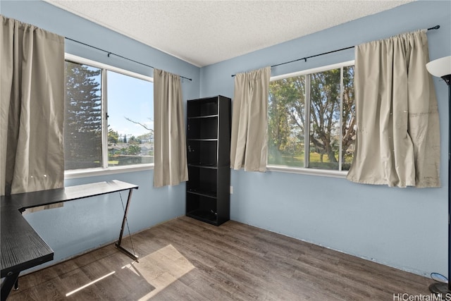 unfurnished bedroom with multiple windows, a textured ceiling, and wood finished floors