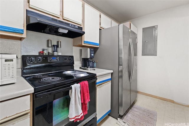 kitchen featuring electric panel, light floors, light countertops, under cabinet range hood, and black range with electric cooktop