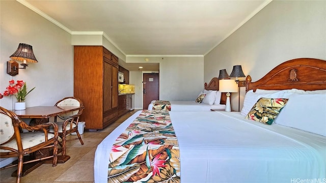 bedroom featuring crown molding and light tile patterned floors