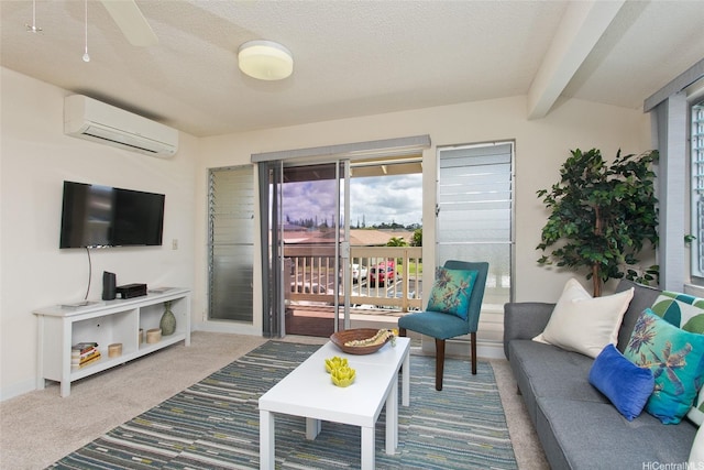 95-1050 Makaikai St Unit 14H, Mililani, HI 96789 - carpeted living area with an AC wall unit, a ceiling fan, baseboards, and plenty of natural light
