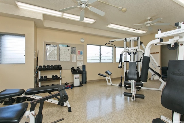 95-1050 Makaikai St Unit 14H, Mililani, HI 96789 - workout area with baseboards, a ceiling fan, and a textured ceiling