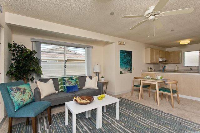 95-1050 Makaikai St Unit 14H, Mililani, HI 96789 - living area with baseboards, ceiling fan, a textured ceiling, and carpet flooring