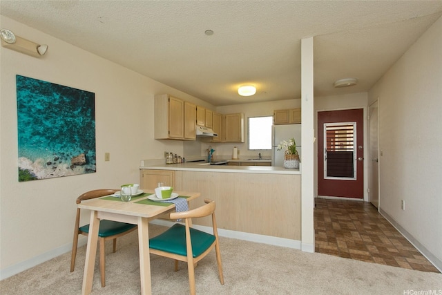 95-1050 Makaikai St Unit 14H, Mililani, HI 96789 - kitchen with light brown cabinetry, baseboards, freestanding refrigerator, and under cabinet range hood