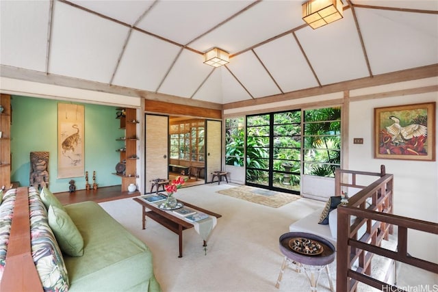 living area featuring high vaulted ceiling