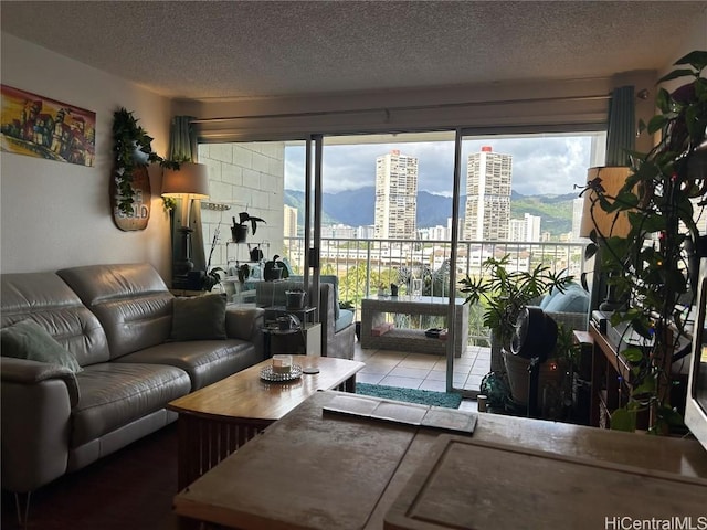 living area featuring tile patterned floors, a textured ceiling, and a view of city