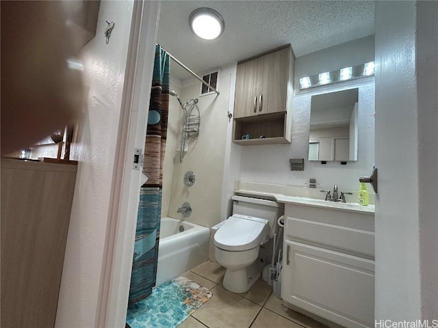 bathroom featuring visible vents, shower / bathtub combination with curtain, a textured ceiling, tile patterned flooring, and vanity