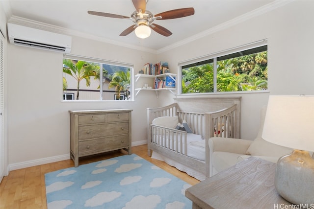 bedroom featuring ornamental molding, an AC wall unit, multiple windows, and wood finished floors