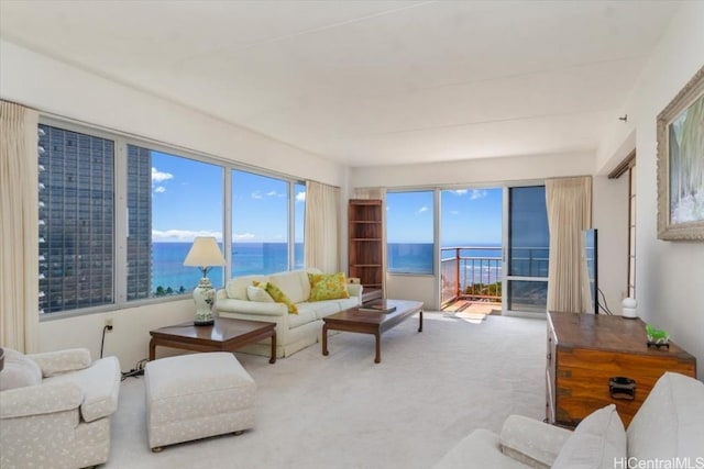 carpeted living room featuring a water view