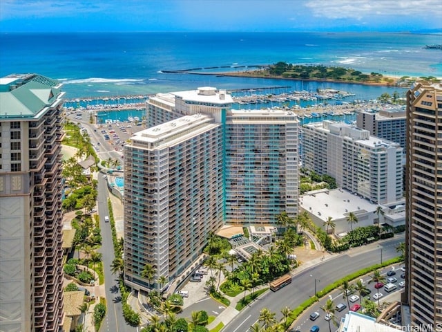 bird's eye view with a water view and a view of city