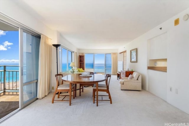 dining space featuring carpet floors, a water view, and a wealth of natural light