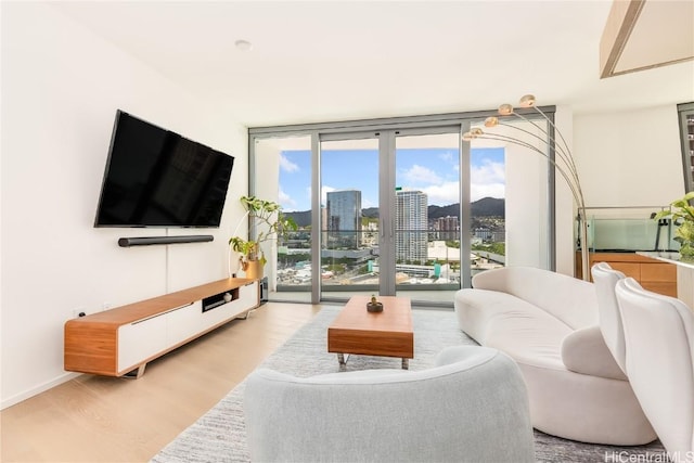 living room with baseboards, light wood-style floors, and floor to ceiling windows