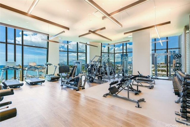 exercise room with a wall of windows and wood finished floors