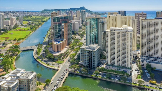 drone / aerial view with a view of city and a water view