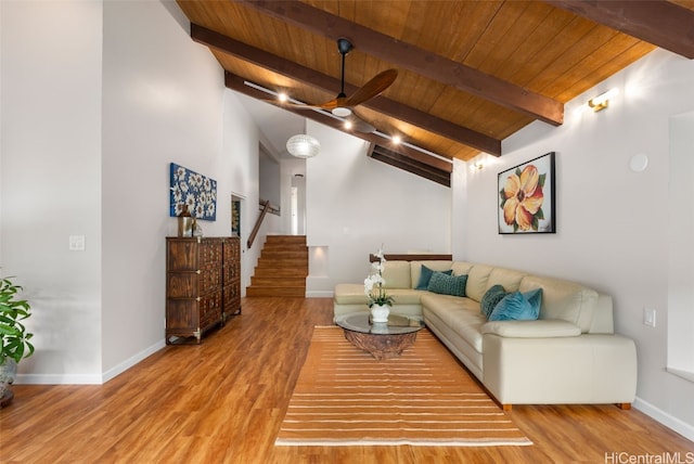 living area featuring stairway, wooden ceiling, baseboards, and wood finished floors