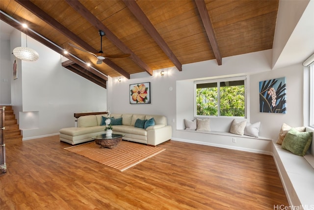 living room with ceiling fan, baseboards, wood ceiling, wood finished floors, and high vaulted ceiling