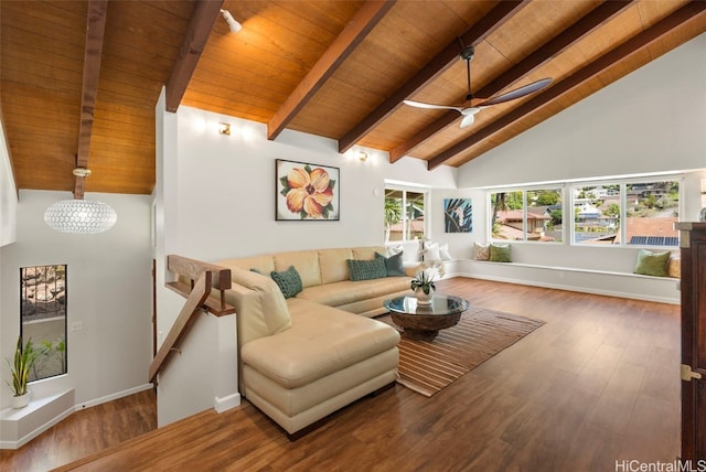 living area with beam ceiling, high vaulted ceiling, wood ceiling, and wood finished floors