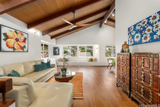 living room with beamed ceiling, high vaulted ceiling, a ceiling fan, wood finished floors, and wood ceiling