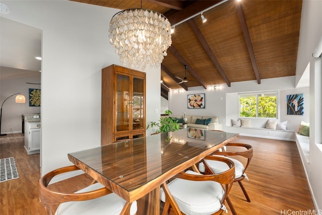 dining space with beam ceiling, high vaulted ceiling, wood ceiling, and wood finished floors