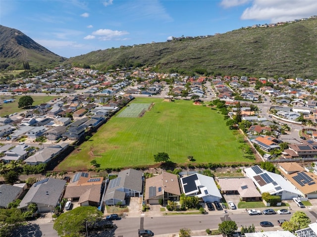 aerial view featuring a mountain view and a residential view