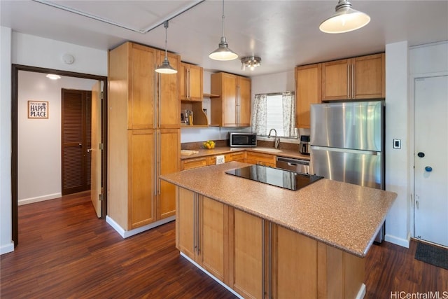 kitchen featuring dark wood-style flooring, open shelves, stainless steel appliances, and a sink