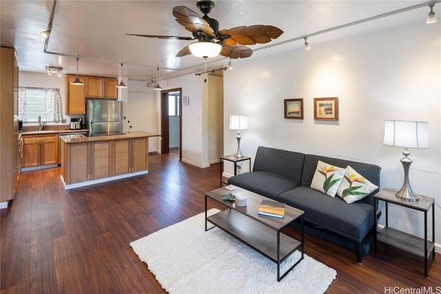 living area featuring track lighting, a healthy amount of sunlight, a ceiling fan, and dark wood-style flooring