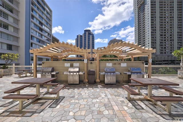 view of patio featuring a grill, fence, and a pergola