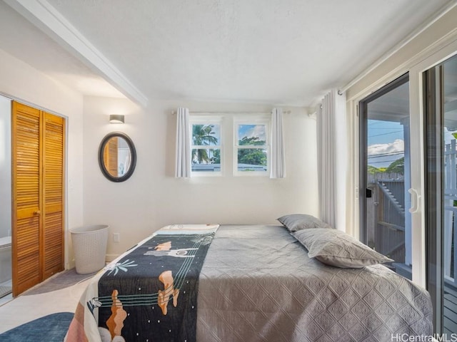 carpeted bedroom featuring access to exterior, a closet, and multiple windows