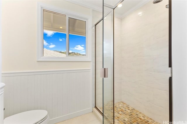 bathroom featuring a stall shower, wainscoting, and toilet