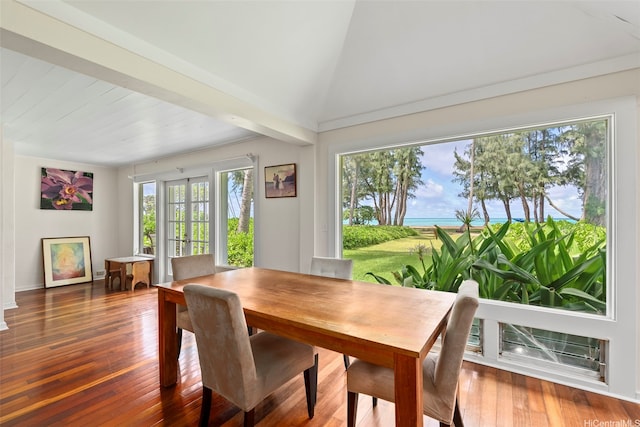 41-949 Laumilo St, Waimanalo, HI 96795 - dining area with a water view, hardwood / wood-style floors, and vaulted ceiling