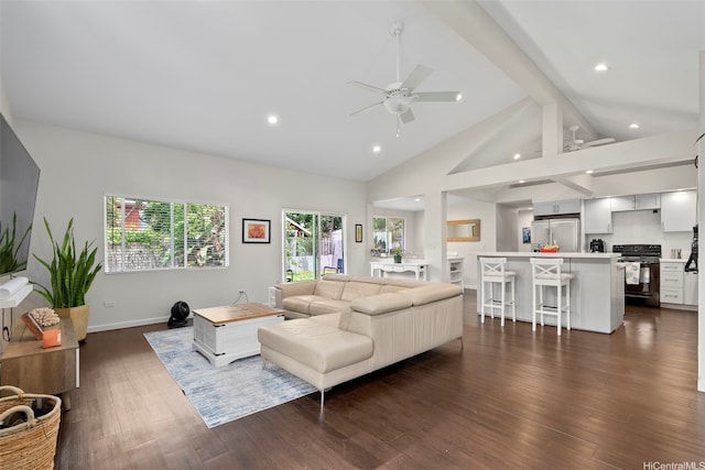 41-949 Laumilo St, Waimanalo, HI 96795 - living room featuring a ceiling fan, recessed lighting, dark wood-style floors, high vaulted ceiling, and baseboards
