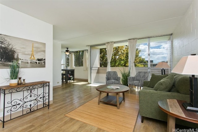 living area with a ceiling fan, baseboards, and wood finished floors