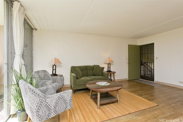 living area featuring wood finished floors and baseboards