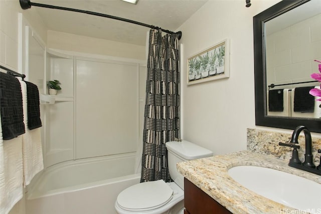 full bath with vanity, toilet, and shower / tub combo with curtain