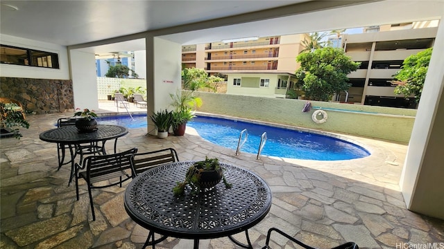 view of swimming pool featuring a patio and a fenced in pool