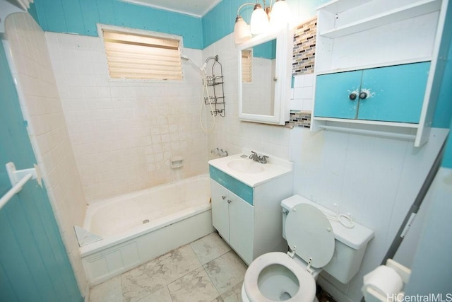 bathroom with bathtub / shower combination, vanity, toilet, and marble finish floor