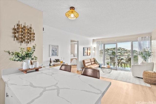 bedroom with a textured ceiling, access to outside, and light wood-type flooring