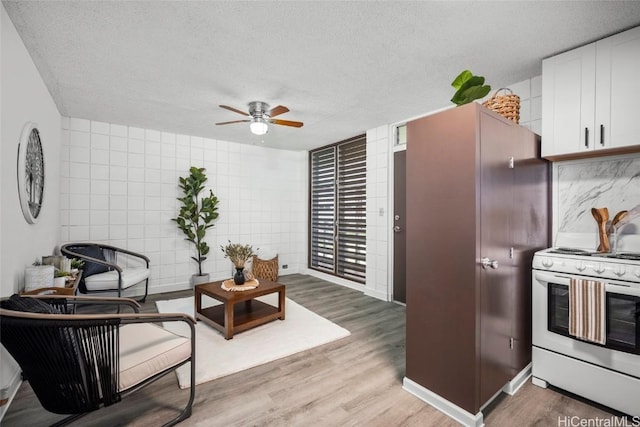 kitchen with light wood-style floors, a textured ceiling, and gas range gas stove