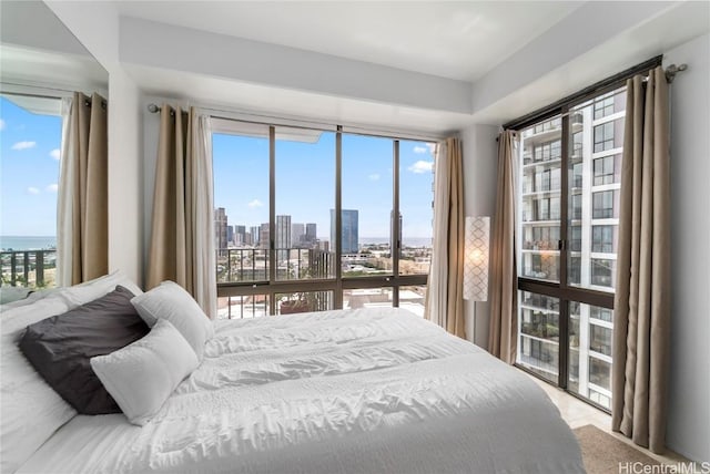 bedroom with access to outside and a city view