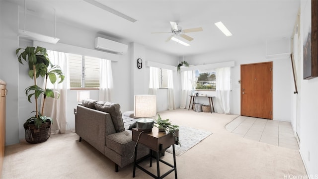 living area with a wall mounted air conditioner, carpet floors, and ceiling fan