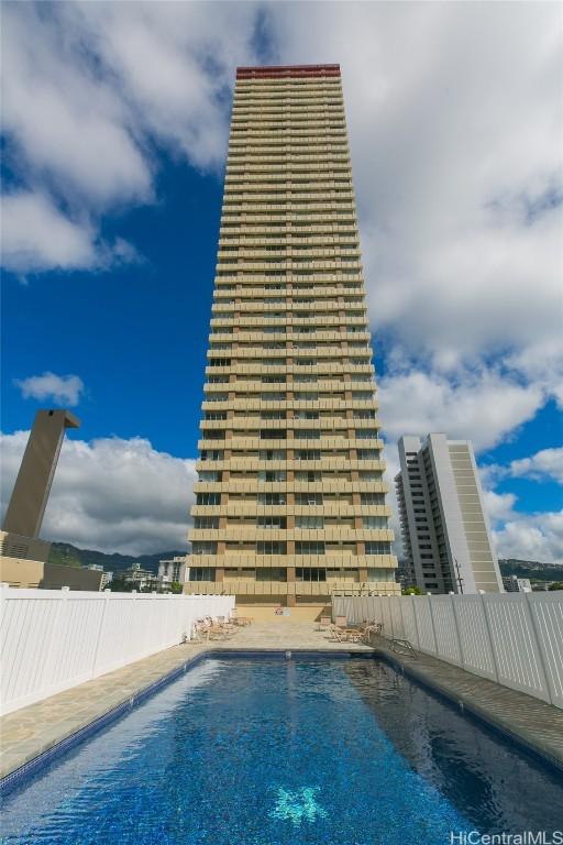 view of swimming pool featuring fence and a fenced in pool