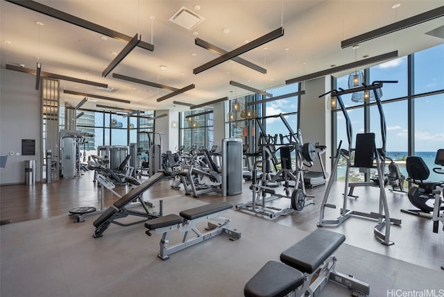 exercise room with a wealth of natural light, visible vents, and floor to ceiling windows