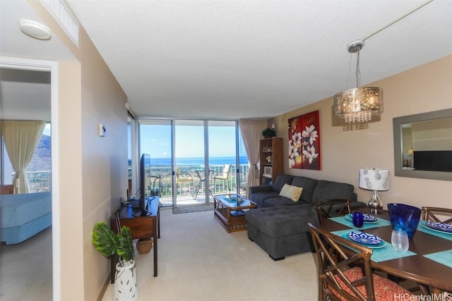 carpeted living area featuring expansive windows and a textured ceiling